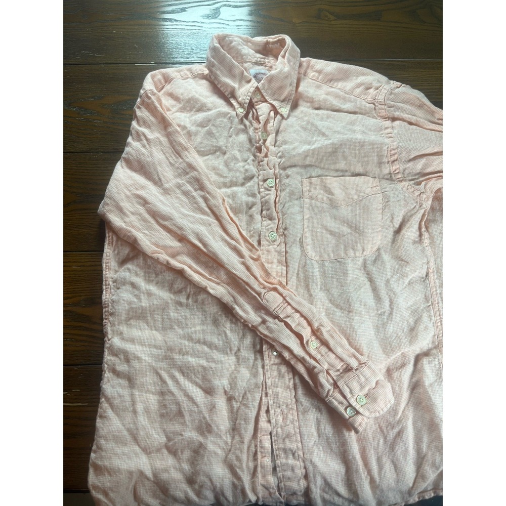 Brooks Brothers 346 Peach White 100% Linen Shirt Mens Small Long Sleeve Gingham